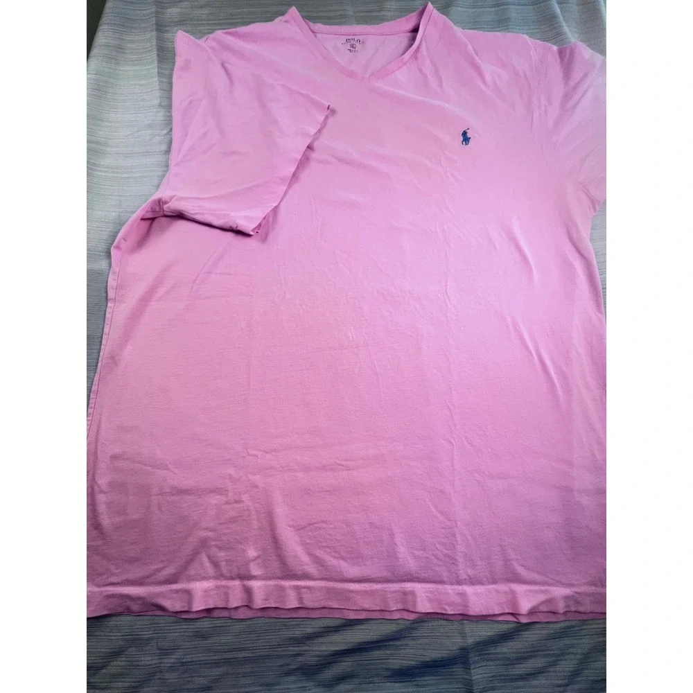 Polo Ralph Lauren Mens Pink V-Neck T-Shirt XLT Tall Blue Pony Logo Cotton Tee